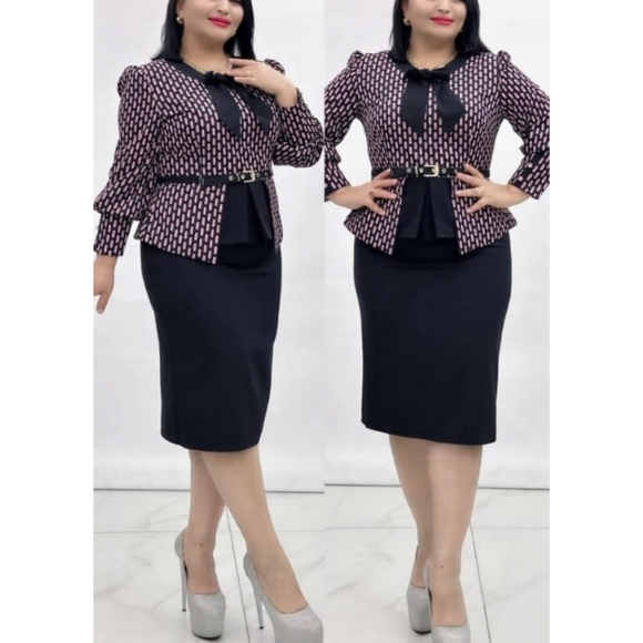 Ji-Style Wears Dresses & Skirts - Feminine Corporate 2-Piece Set (Print Blouse & Pencil Skirt Set)